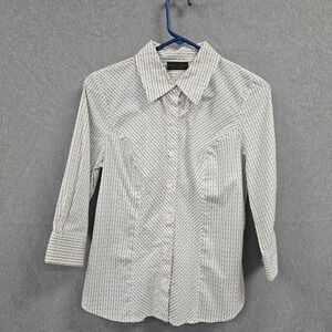 Apostrophe Stretch Womens 3/4 Sleeve Button Down Shirt Striped Dot White Black S